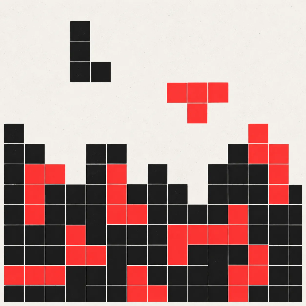 Black and red Tetris-style blocks falling into place, inspired by my former Quicktech storefront design.