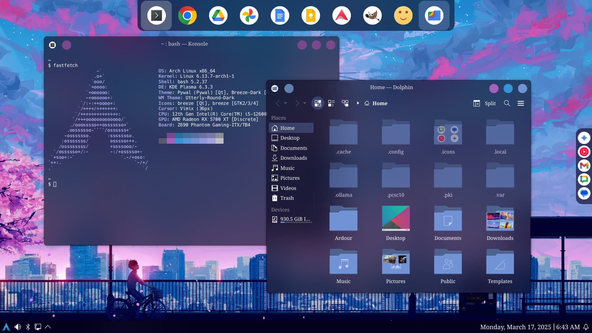 Customized KDE Plasma desktop with translucent blue and purple windows, matching docks, and a cityscape wallpaper.