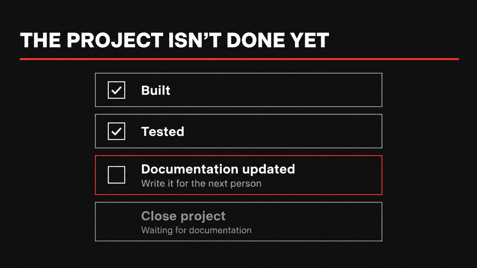Project checklist with building and testing complete, and project closure waiting for updated documentation.